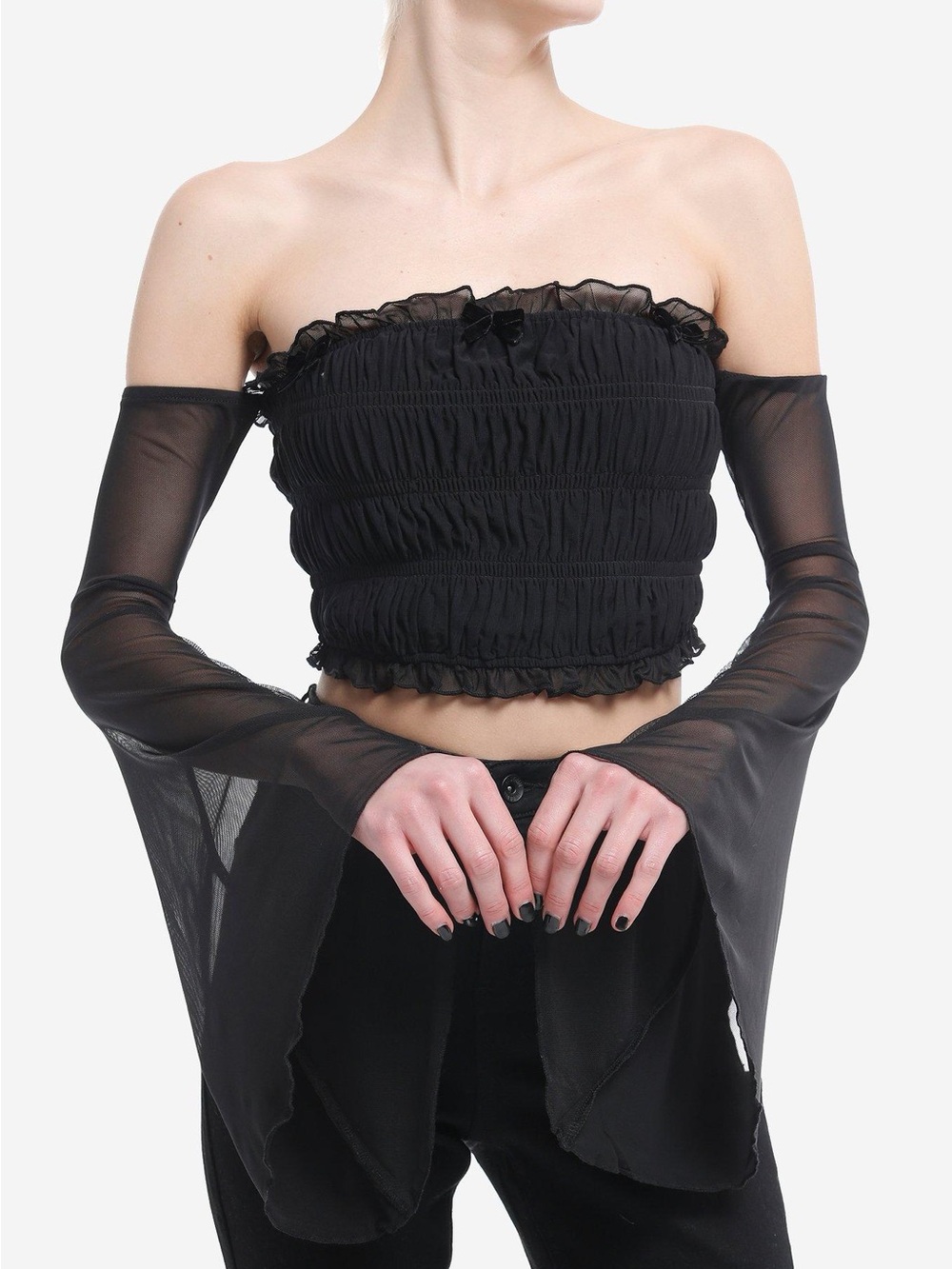 Off-Shoulder Smocked Crop Top with Sheer Bell Sleeves - Black
